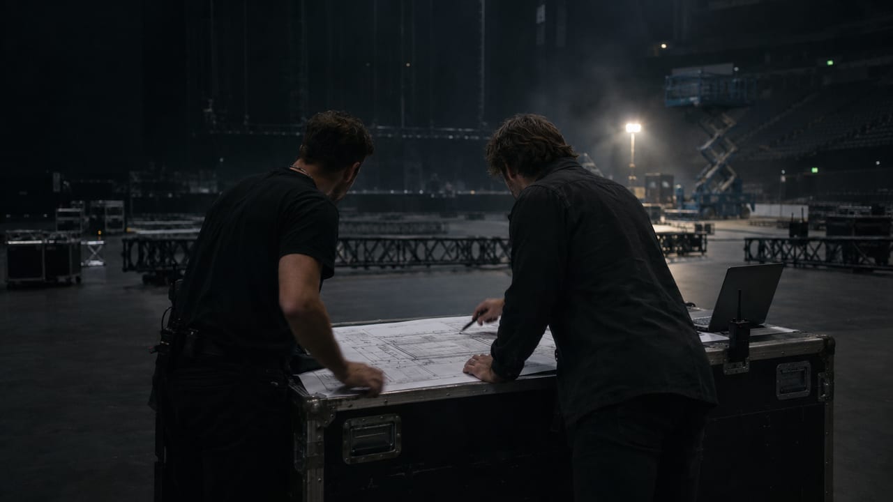 An agency producer and a crew chief going over the plot together at the production desk