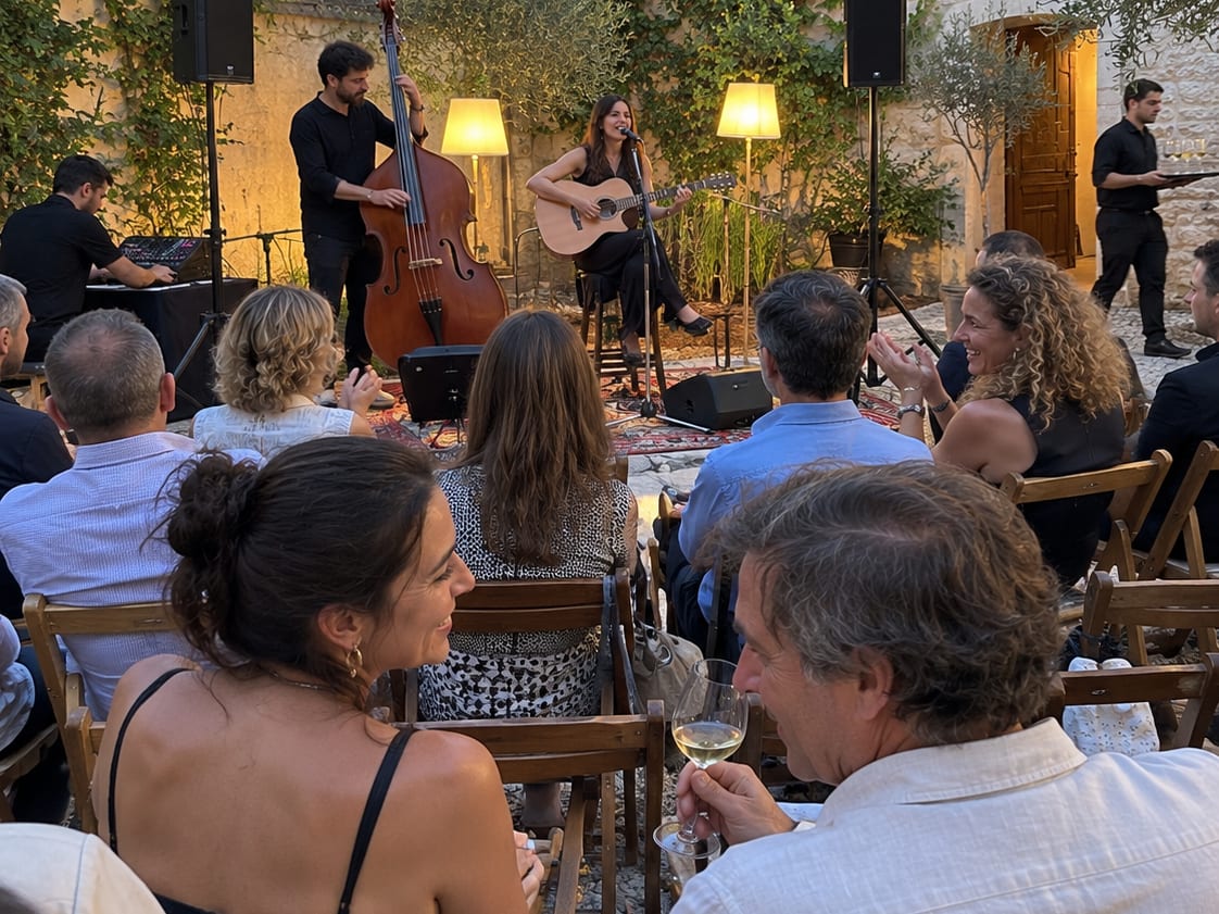 Guests smiling at an intimate acoustic set in a stone courtyard
