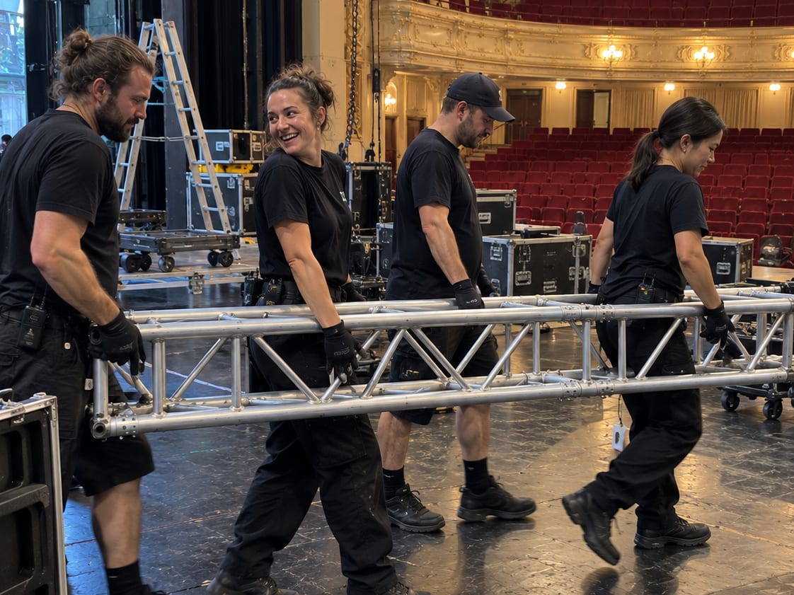 Four crew carrying a section of truss across the stage of a historic theatre during load-in