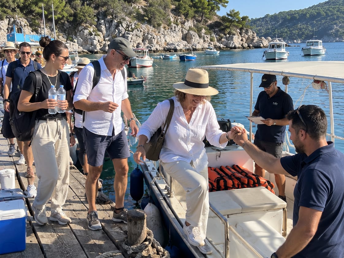 A staff member helping retreat guests step onto a small boat from a harbour jetty