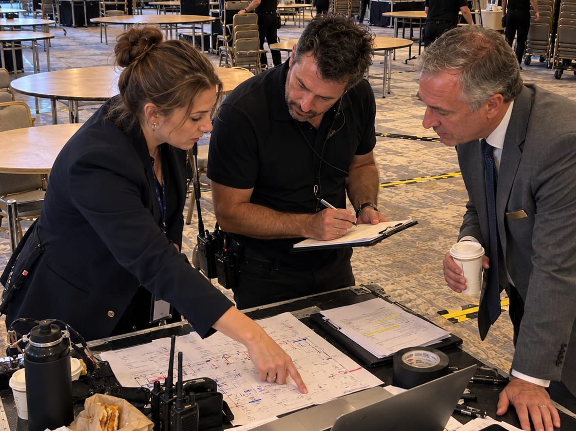 An agency producer, the production manager and the venue's events manager going over a floor plan during set-up in a ballroom