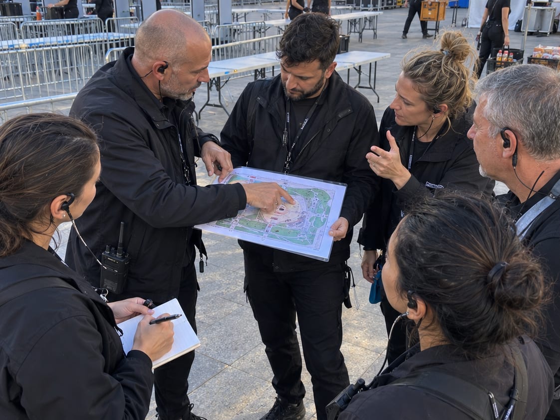 A security team lead briefing his staff over a site map at the venue before doors