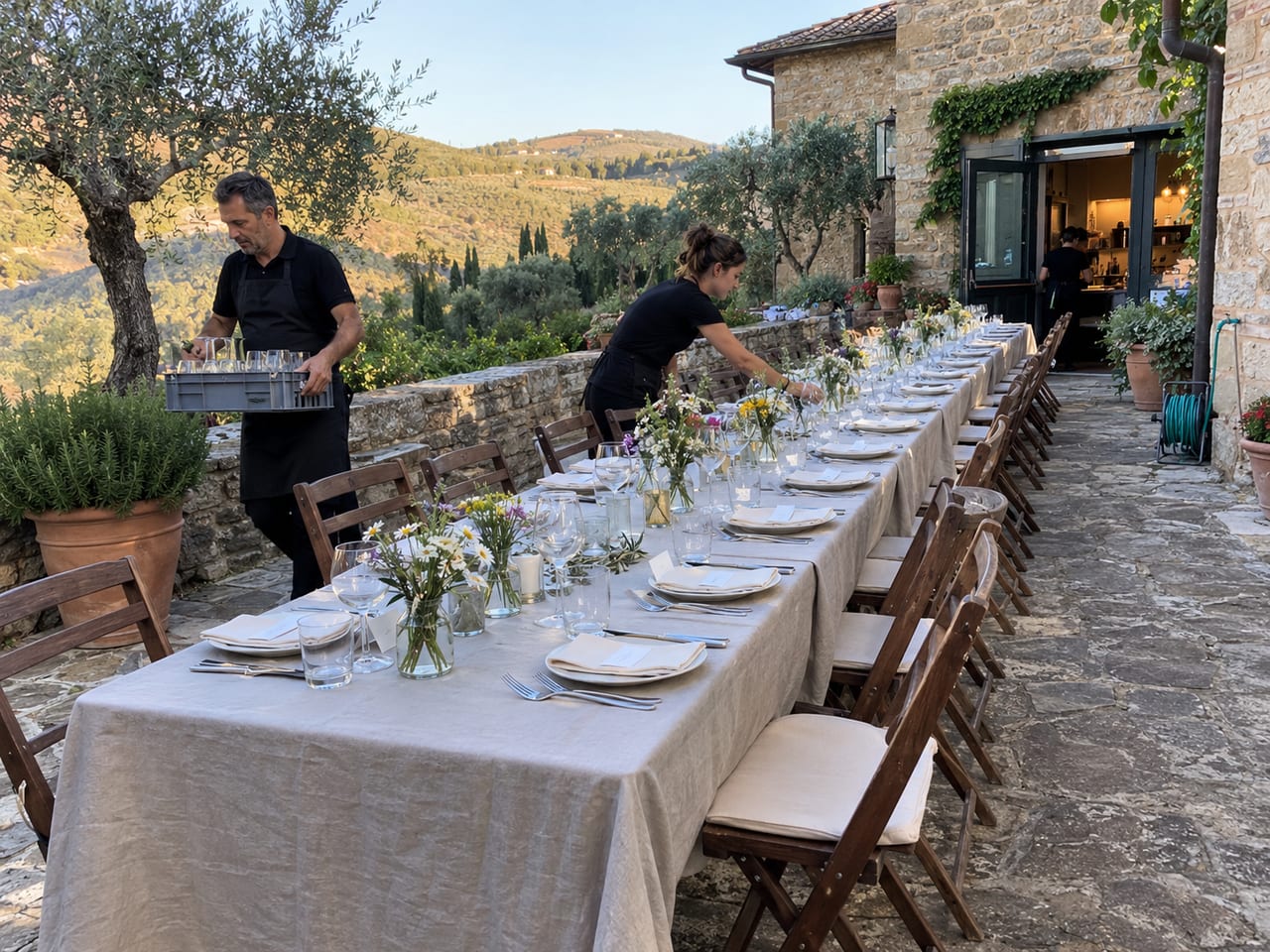 A long table set for a company retreat on a farmhouse terrace, two staff finishing the setting